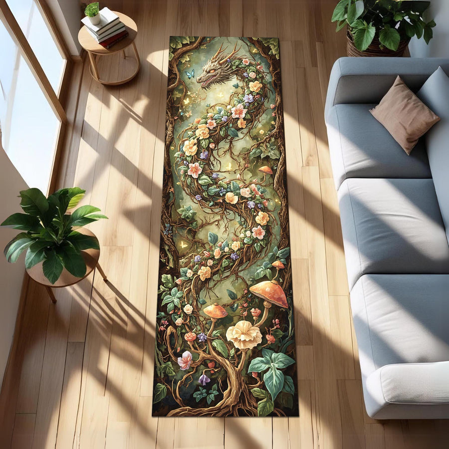 Floral Dragon Runner Rug, Fantasy Nature Carpet with Vines and Mushrooms, Mystical Botanical Hallway Rug for Boho and Fairycore Homes