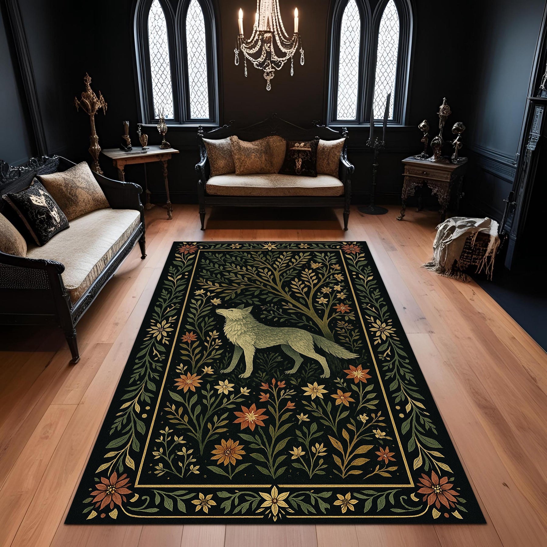 Bohemian Forest Style Wolf Rug, Rustic Dark Botanical Animal Carpet, Mystical Nature Decor Rug, Living Room Statement Piece, Mystical Rug