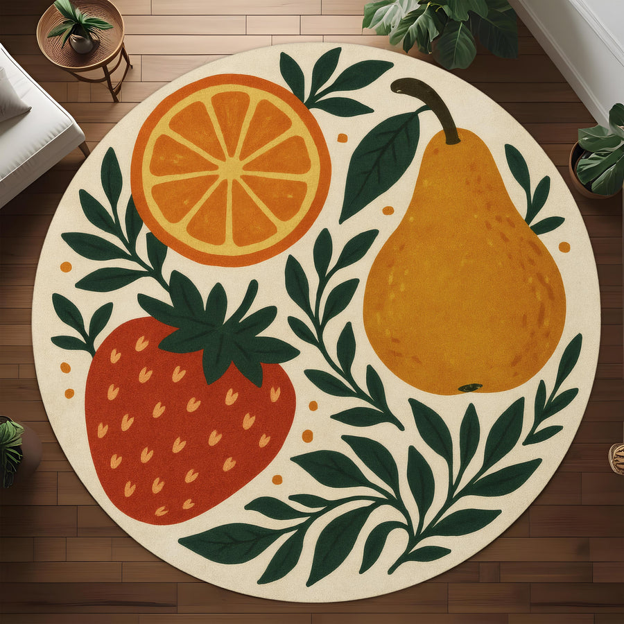 Fruit Pattern Round Rug: Whimsical Strawberry, Orange and Pear Carpet for Kitchen, Dining Room or Cozy Breakfast Nook