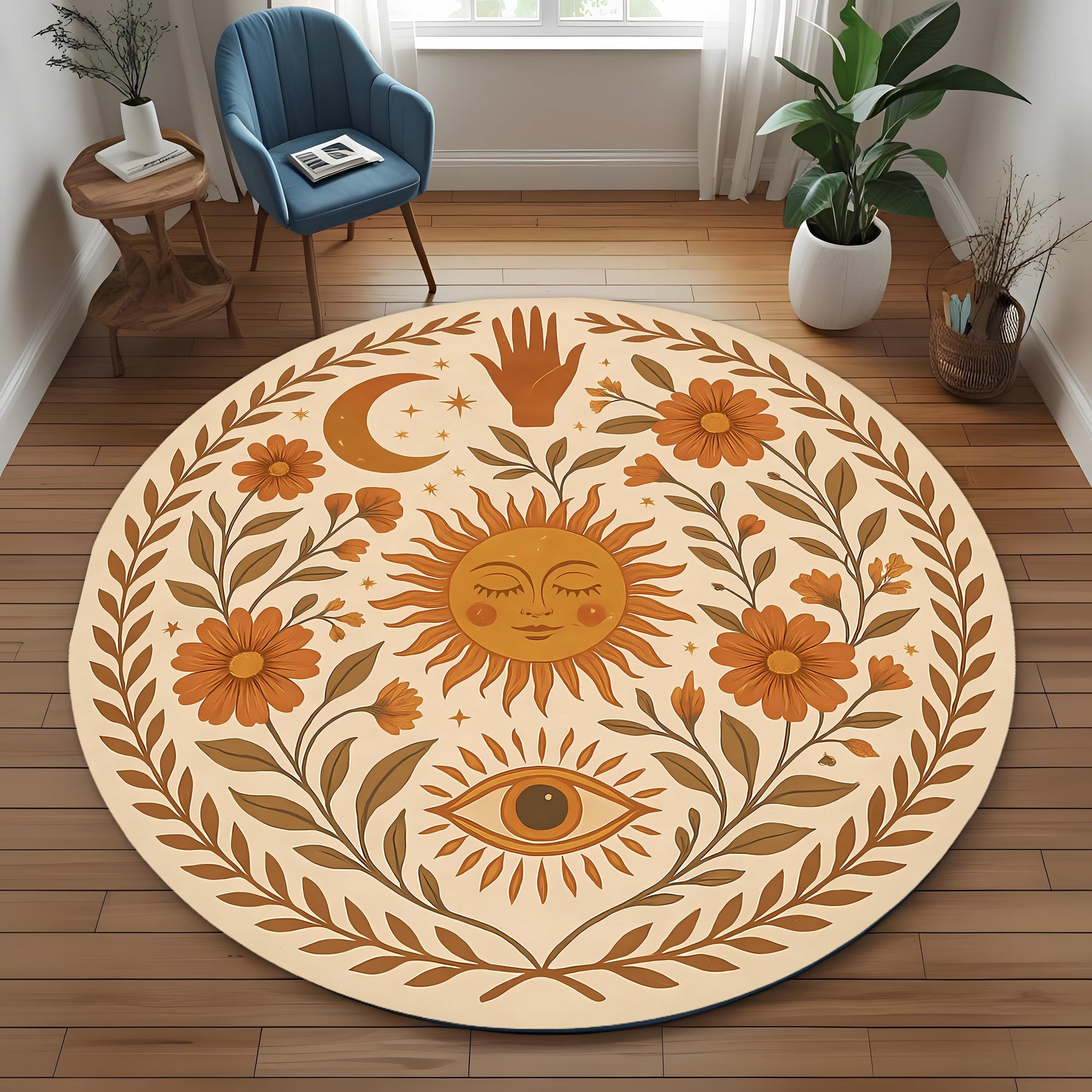 Sun Moon Eye Round Rug: Boho Floral Spiritual Carpet With Mystical Symbols For Cozy And Artistic Room Decor