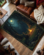 Fantasy Forest Campfire Area Rug, Moonlit Woodland Art Carpet for Living Room Bedroom & Gamer Space, Cozy Cottagecore DnD Decor Gift