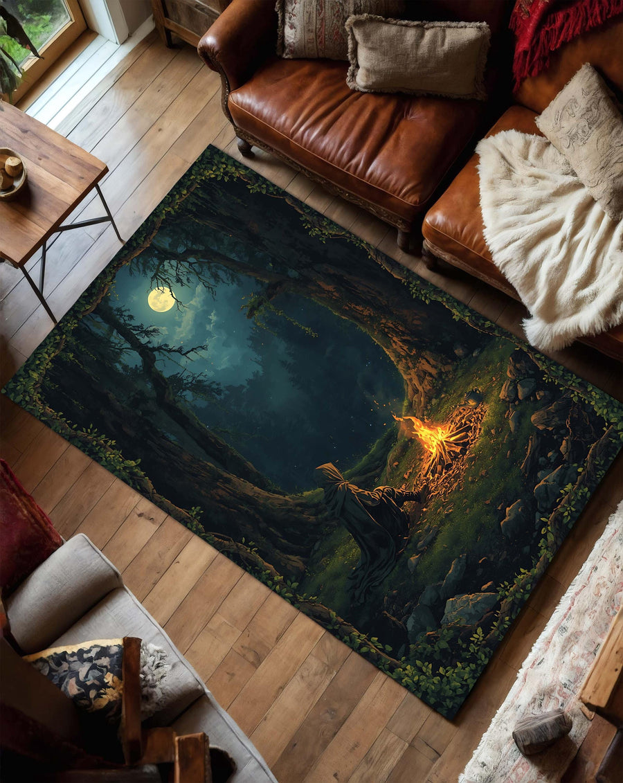 Fantasy Forest Campfire Area Rug, Moonlit Woodland Art Carpet for Living Room Bedroom & Gamer Space, Cozy Cottagecore DnD Decor Gift