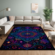 Neon Mandala Rug: Psychedelic Floral Pattern with Radiant Glow, Spiritual Boho Carpet for Living Room or Meditation Space