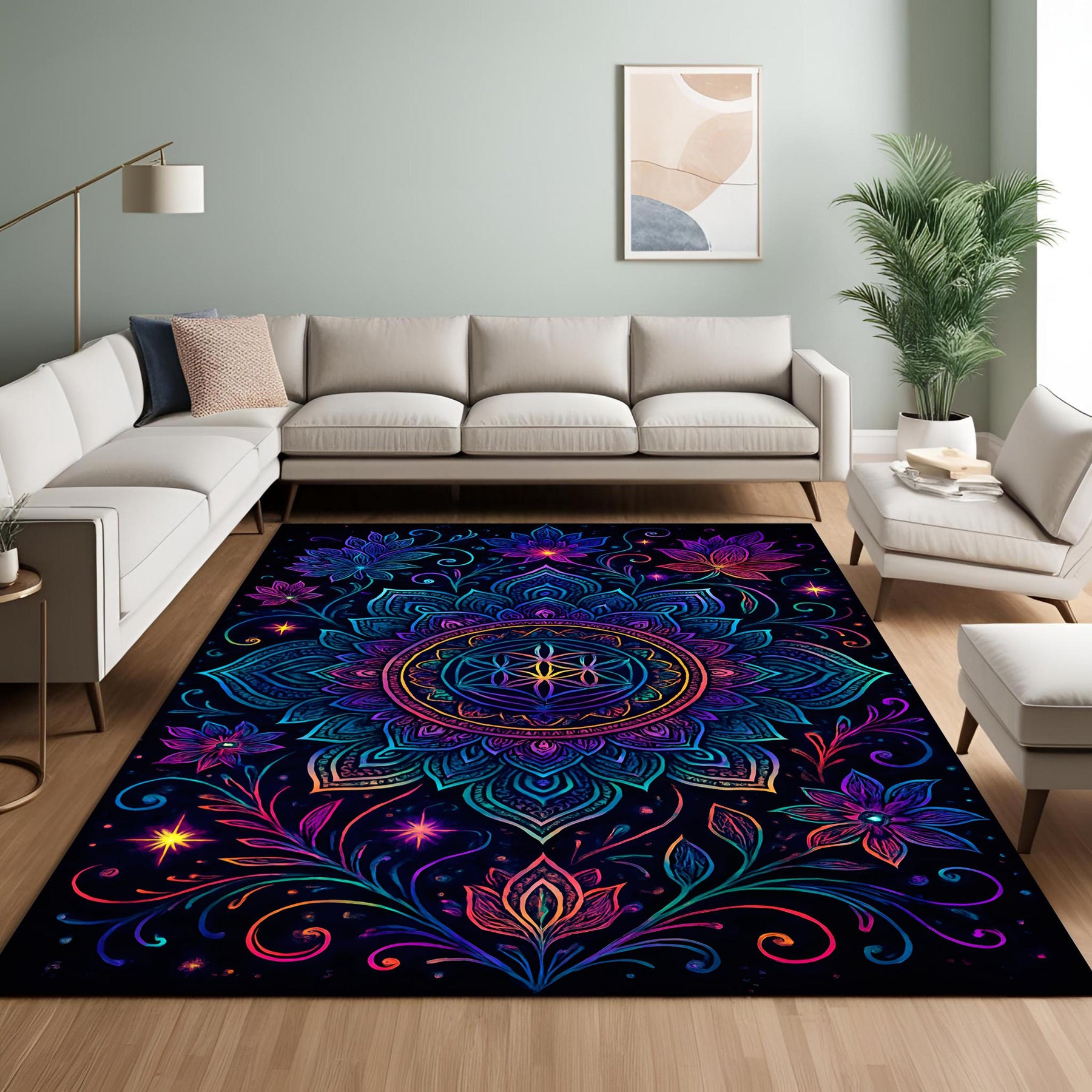 Neon Mandala Rug: Psychedelic Floral Pattern with Radiant Glow, Spiritual Boho Carpet for Living Room or Meditation Space