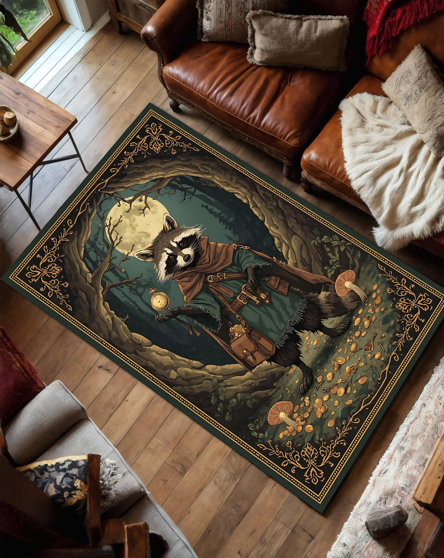 Whimsical Raccoon Wizard Area Rug, Fantasy Woodland Forest Carpet, Cottagecore Mystical Moonlit Floor Mat for Living Room Bedroom Game Room