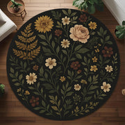 Botanical Round Rug: Dark Floral Rug With Vintage Style Wildflowers for Boho Living Room, Entryway or Nature Inspired Decor