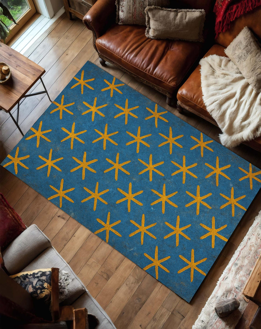 Ancient Egyptian Star Pattern Rug in Blue and Gold Inspired by Dendera Temple Ceiling, Historical Mythology Decor for Living Room
