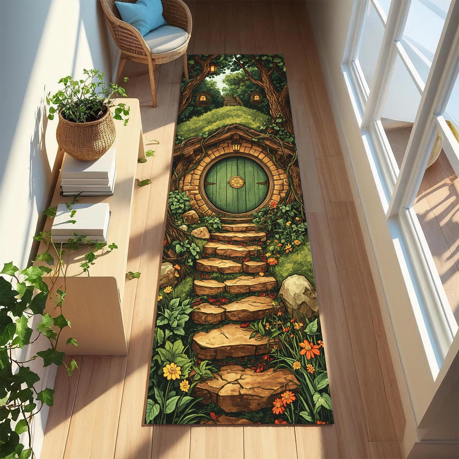 Hobbit Door Runner Rug, Fantasy Cottagecore Hallway Carpet with Stone Path and Green Round Door, Whimsical Nature Floor Decor for Entryway