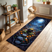 Witch Cauldron Runner Rug, Magical Forest Path Carpet with Candles and Moonlit Castle, Halloween Witchcore Floor Decor for Spooky Homes