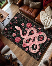 Pink Snake Floral Rug with Botanical Vines and Dark Background, Serpent Area Carpet for Boho Gothic Living Room or Bedroom Decor