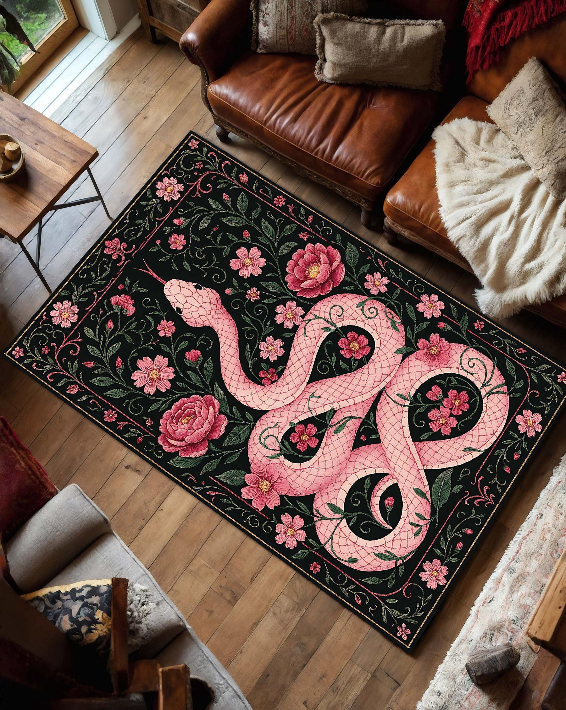 Pink Snake Floral Rug with Botanical Vines and Dark Background, Serpent Area Carpet for Boho Gothic Living Room or Bedroom Decor