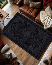 Gothic Black Spider Web Rug for Living Room, Halloween Style Dark Aesthetic Carpet, Creepy Web Design Area Rug for Spooky Home Decor