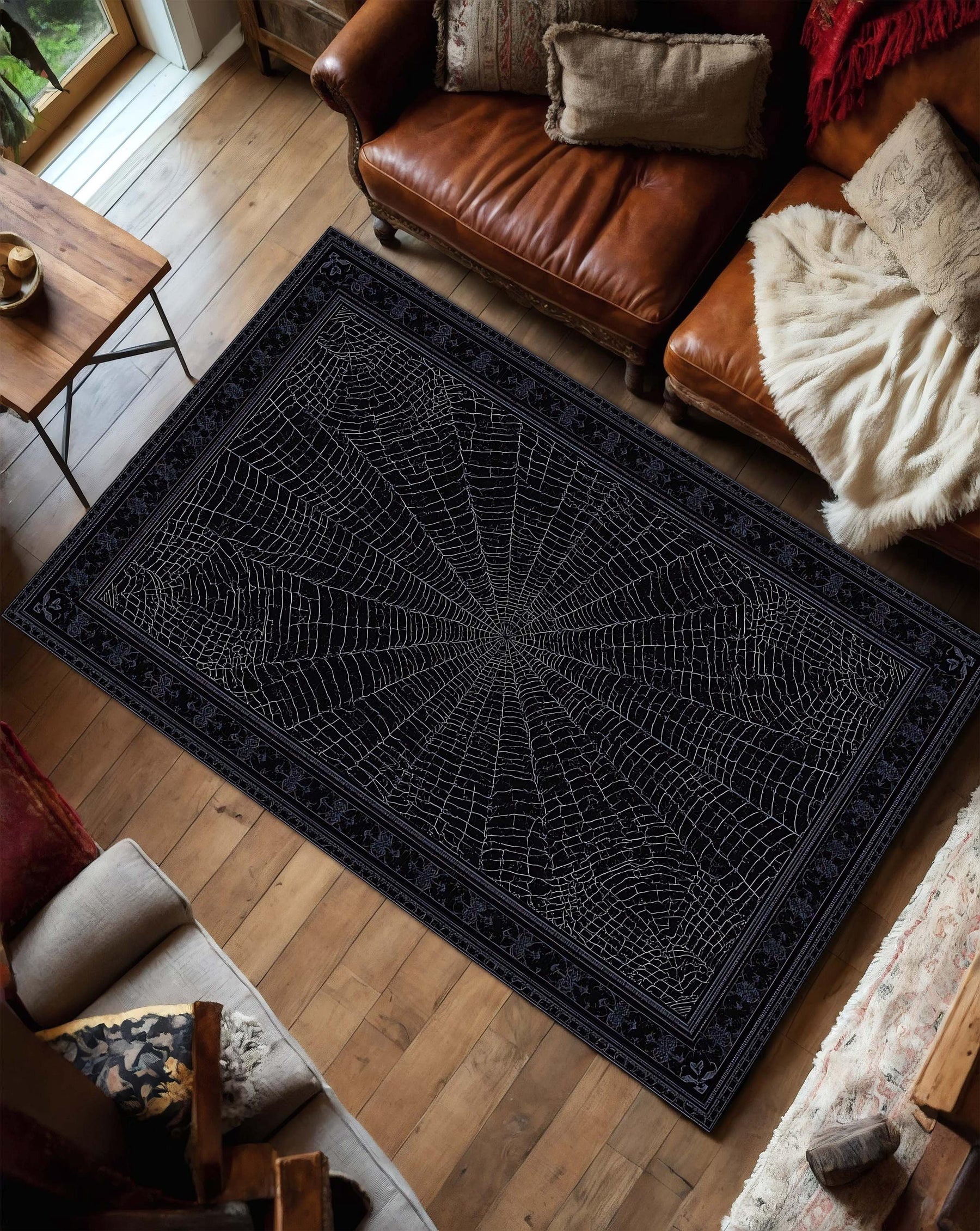 Gothic Black Spider Web Rug for Living Room, Halloween Style Dark Aesthetic Carpet, Creepy Web Design Area Rug for Spooky Home Decor