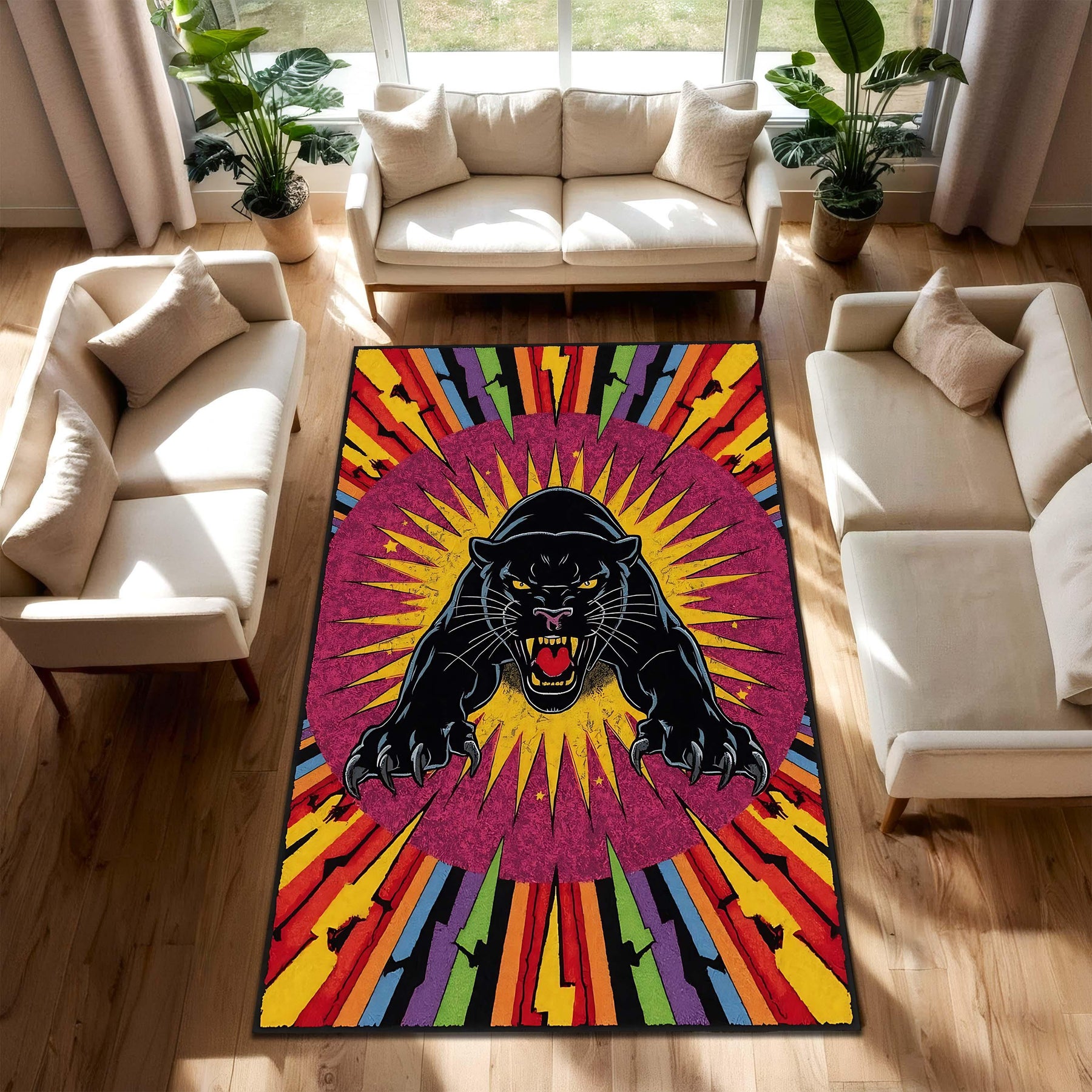Retro Tattoo Panther Rug, Vibrant Pop Art Carpet, Flash Style Lightning Bolt Rug, Bold Colorful Panther Decor, Vintage Ink Vibe Rug