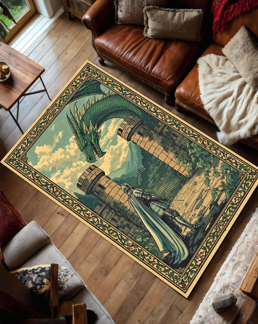 Medieval Castlecore Tapestry Style Fantasy Rug with Knight and Dragon Scene – Vintage Style Area Carpet for Living Room or Bedroom Decor