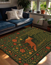 Fox Forest Rug, Autumn Woodland Animal Carpet, Cozy Rustic Cabin Decor, Botanical Orange Fox Area Rug for Nature Inspired Fall Living Room
