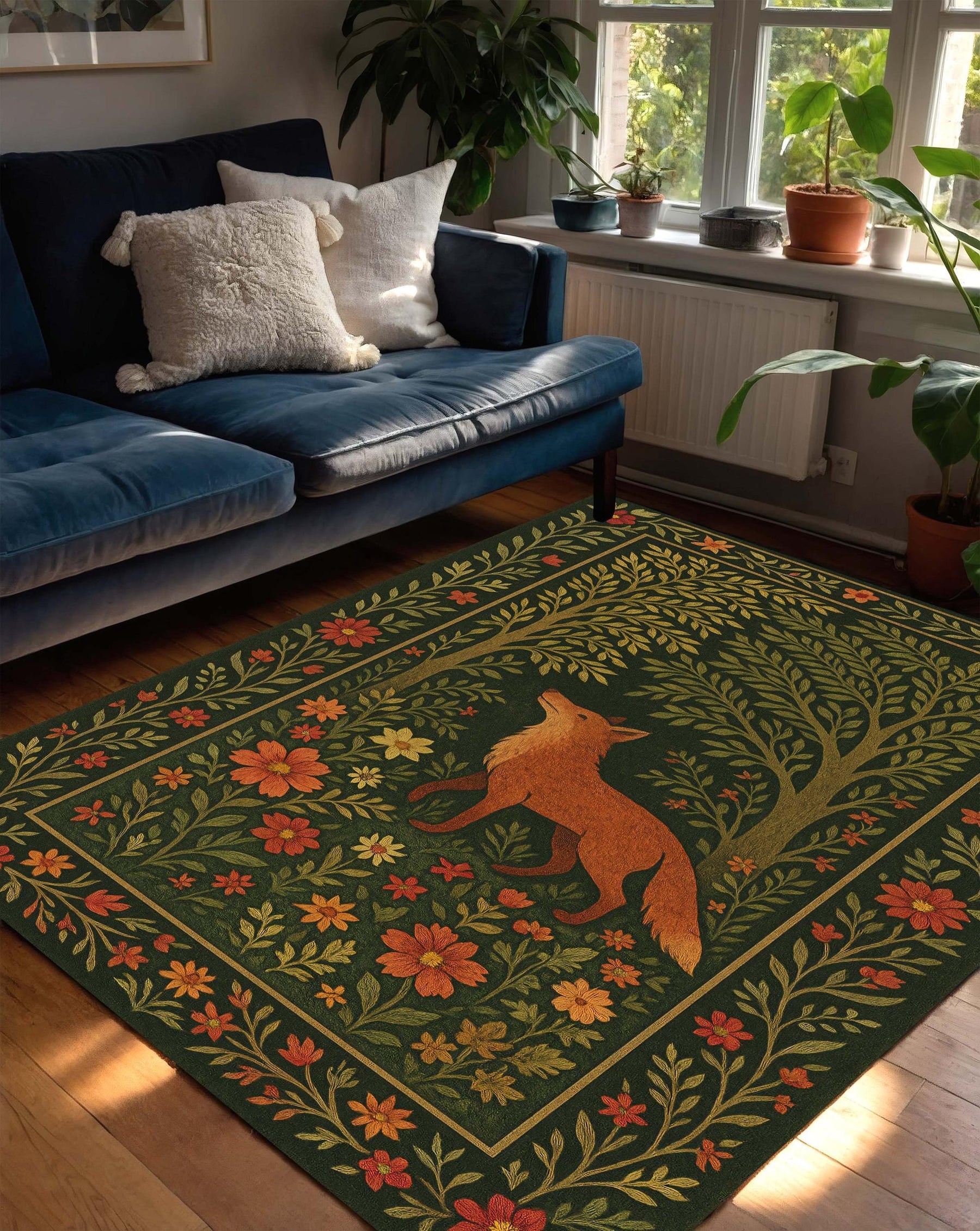 Fox Forest Rug, Autumn Woodland Animal Carpet, Cozy Rustic Cabin Decor, Botanical Orange Fox Area Rug for Nature Inspired Fall Living Room
