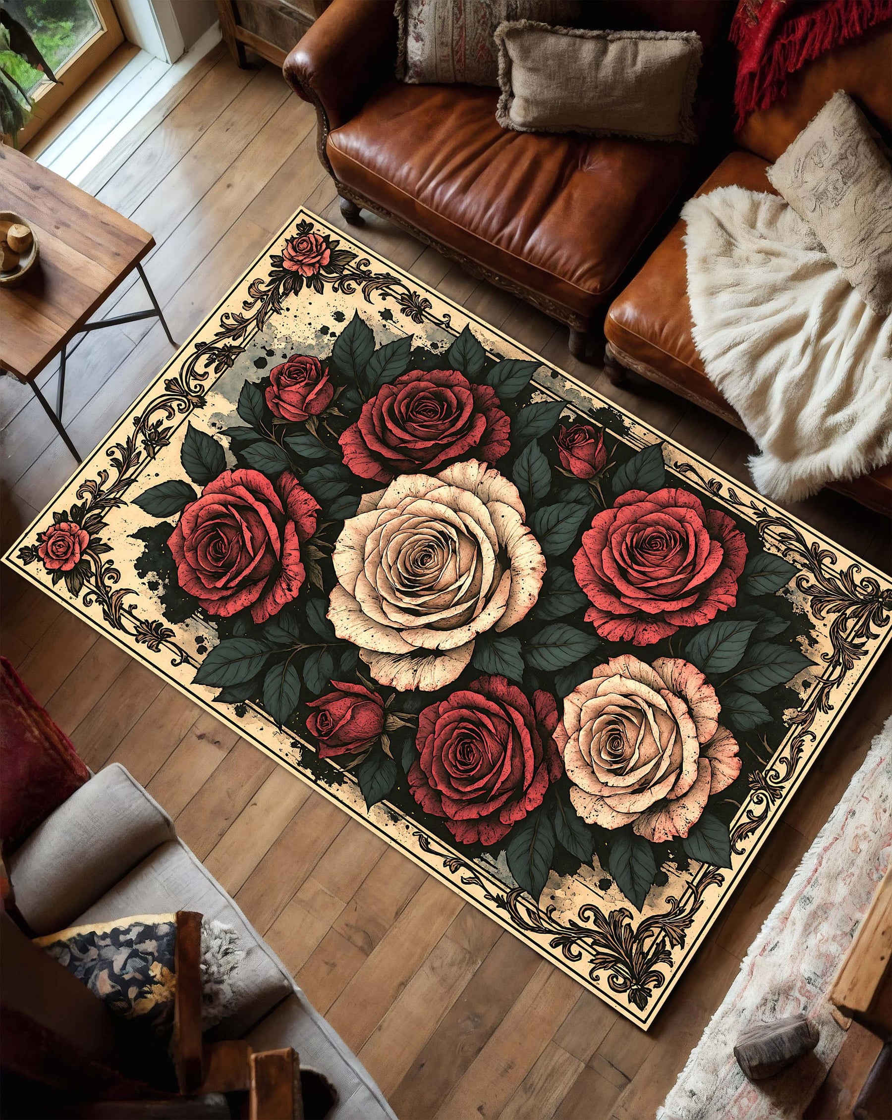 Vintage Botanical Floral Area Rug with Red and Cream Roses, Gothic Victorian Design Carpet for Living Room, Boho Aesthetic Floor Decor