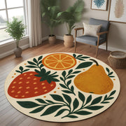Fruit Pattern Round Rug: Whimsical Strawberry, Orange and Pear Carpet for Kitchen, Dining Room or Cozy Breakfast Nook