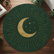 Mid Century Celestial Round Rug: Green Crescent Moon and Star Design for Astrology Decor, Witchy Room or Modern Mystic Spaces