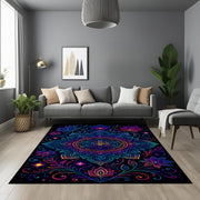Neon Mandala Rug: Psychedelic Floral Pattern with Radiant Glow, Spiritual Boho Carpet for Living Room or Meditation Space