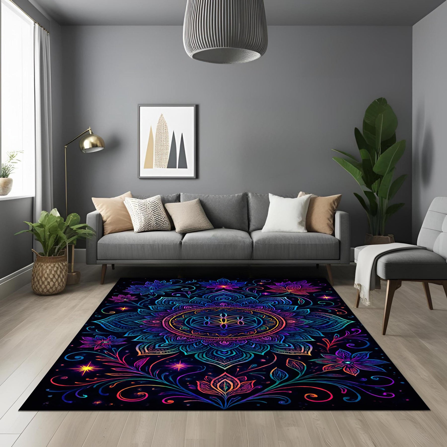 Neon Mandala Rug: Psychedelic Floral Pattern with Radiant Glow, Spiritual Boho Carpet for Living Room or Meditation Space