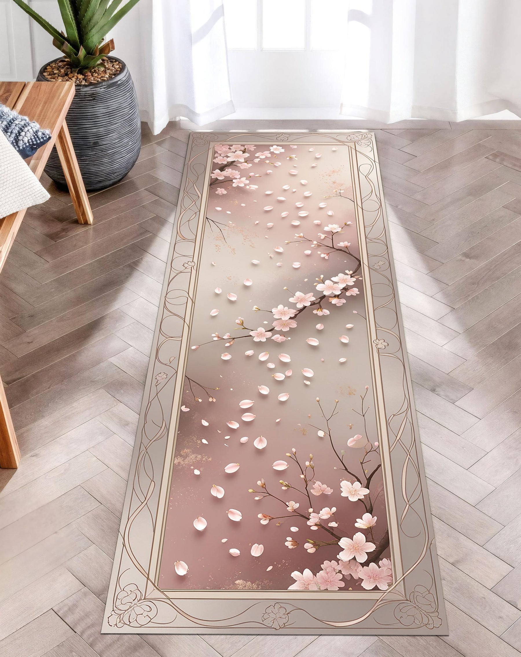 Elegant Sakura Runner Rug, Pastel Cherry Blossom Rug, Spring Hallway Carpet, Japandi Zen Floral Decor, Soft Pink Nature-Inspired Rug