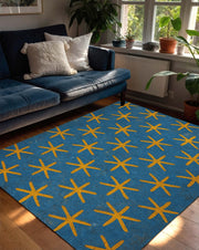 Ancient Egyptian Star Pattern Rug in Blue and Gold Inspired by Dendera Temple Ceiling, Historical Mythology Decor for Living Room