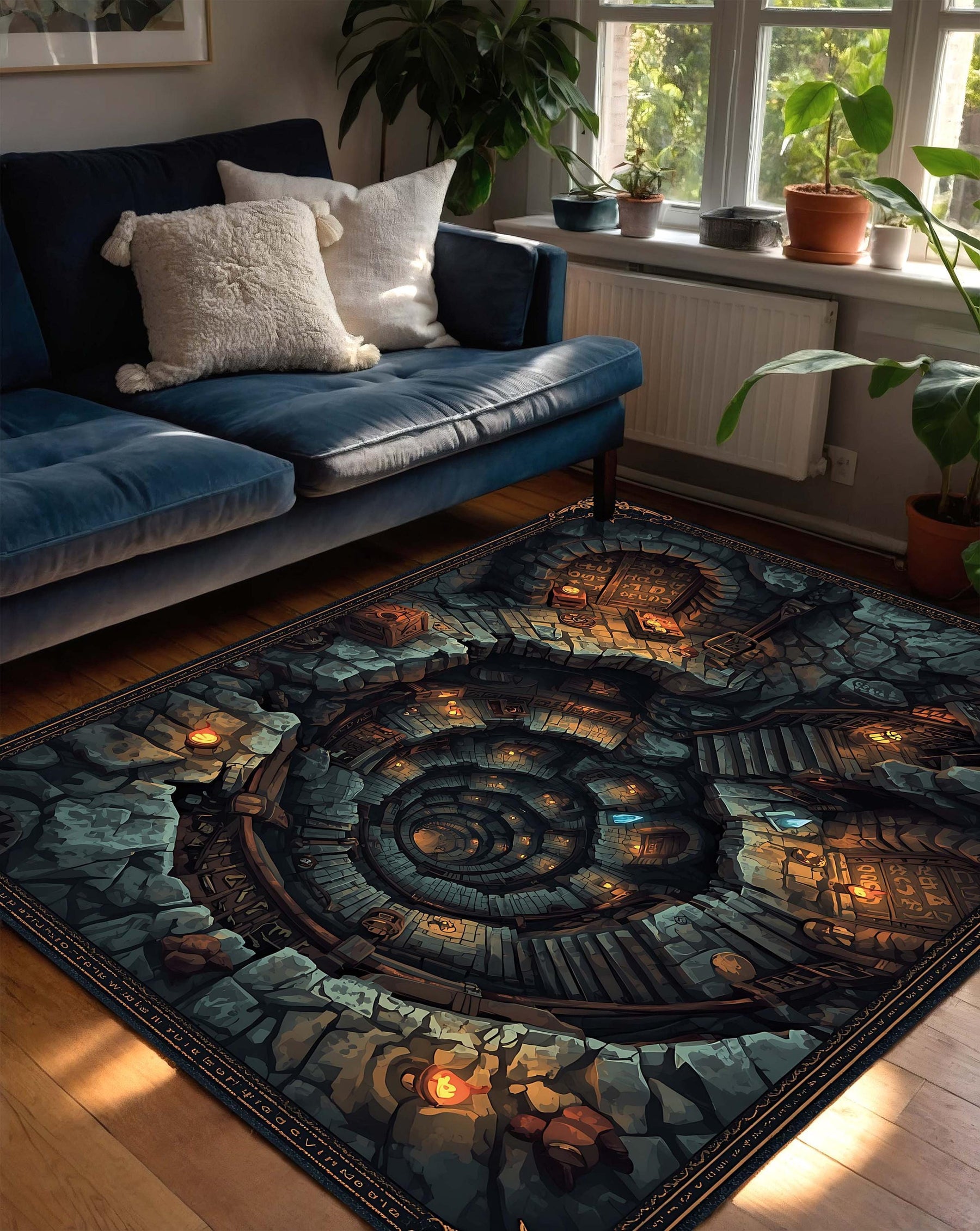 Dwarf Mine Fantasy Rug for Living Room, 3D Illusion Dungeon Carpet for Gamers, Geeky Dwarven Mine Home Decor with Medieval Adventure Style,