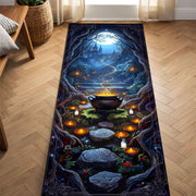 Witch Cauldron Runner Rug, Magical Forest Path Carpet with Candles and Moonlit Castle, Halloween Witchcore Floor Decor for Spooky Homes