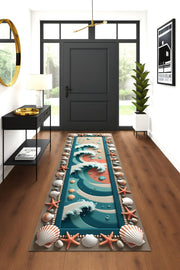 Ocean Wave Runner Rug, Coastal Beachcore Rug, Summer Seashell Hallway Carpet, Nautical Starfish Rug, Vibrant Sea Inspired Decor