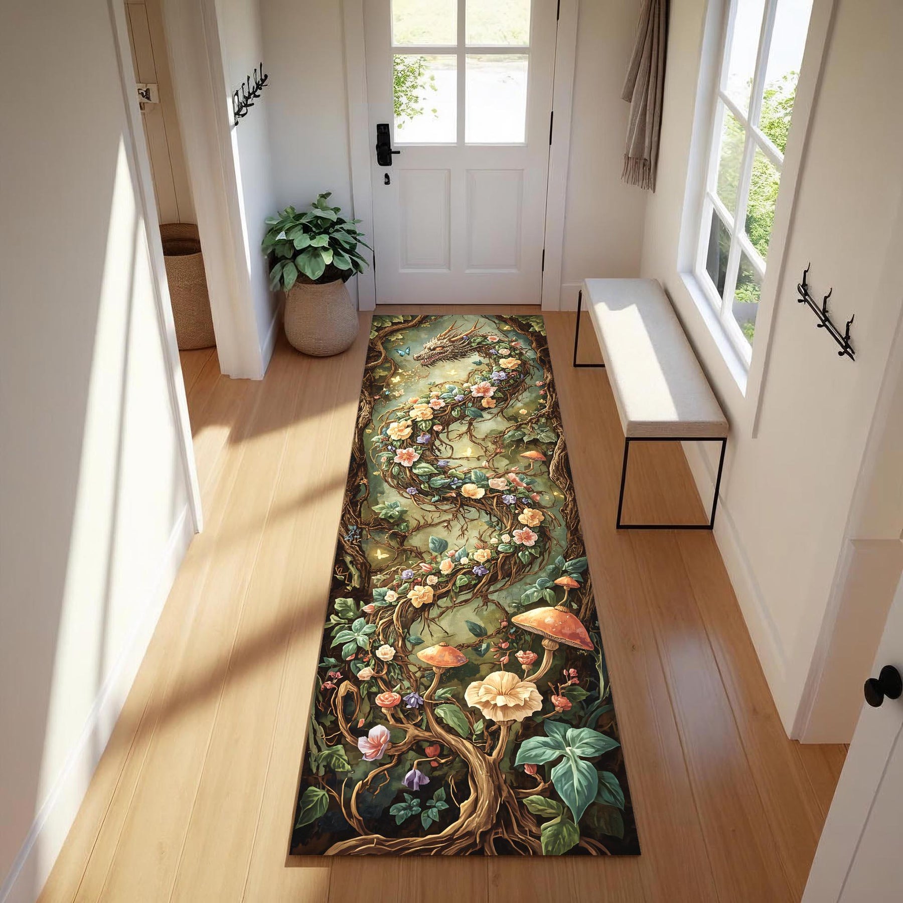 Floral Dragon Runner Rug, Fantasy Nature Carpet with Vines and Mushrooms, Mystical Botanical Hallway Rug for Boho and Fairycore Homes
