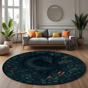 Forest Dragon Round Rug: Dark Botanical Fantasy Rug With Serpent Creature for Witchy Decor or Mystical Nature Inspired Interior