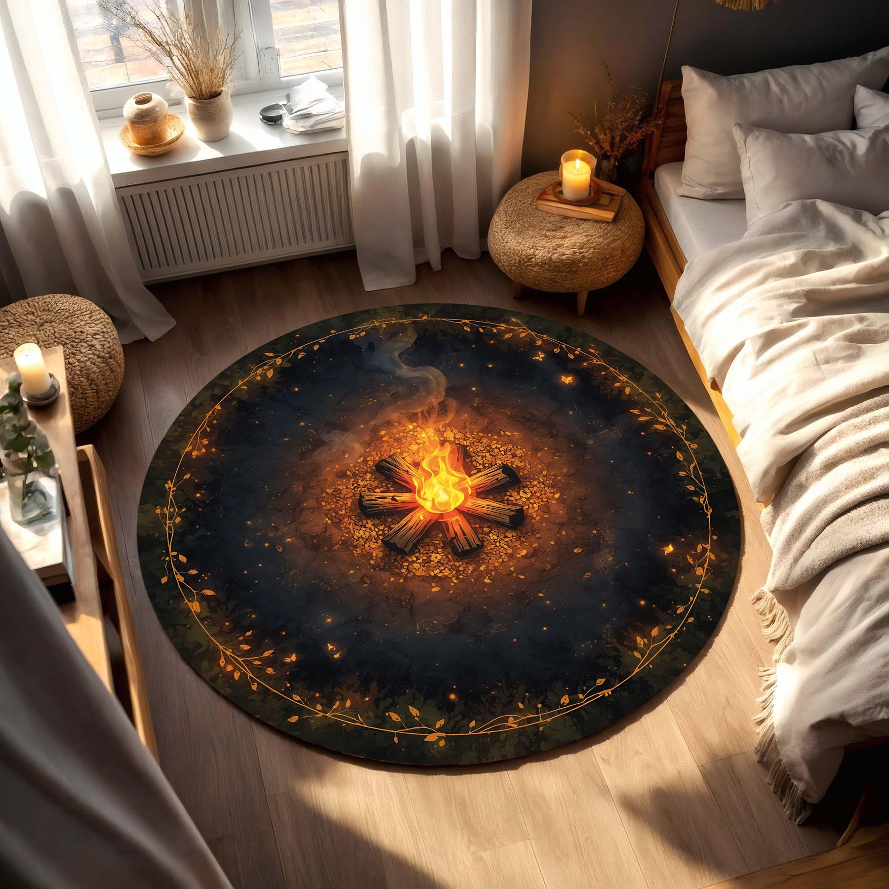 Round Campfire Rug – Cozy Bonfire Floor Mat, Rustic Boho Fireplace Style, Soft Washable Area Carpet for Living Room Bedroom and Cabin Decor
