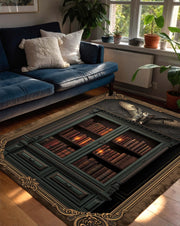 Dark Academia Gothic Library Rug with Antique Bookshelf Owl and Candlelight Cabinet Illusion Area Carpet for Study or Living Room Decor