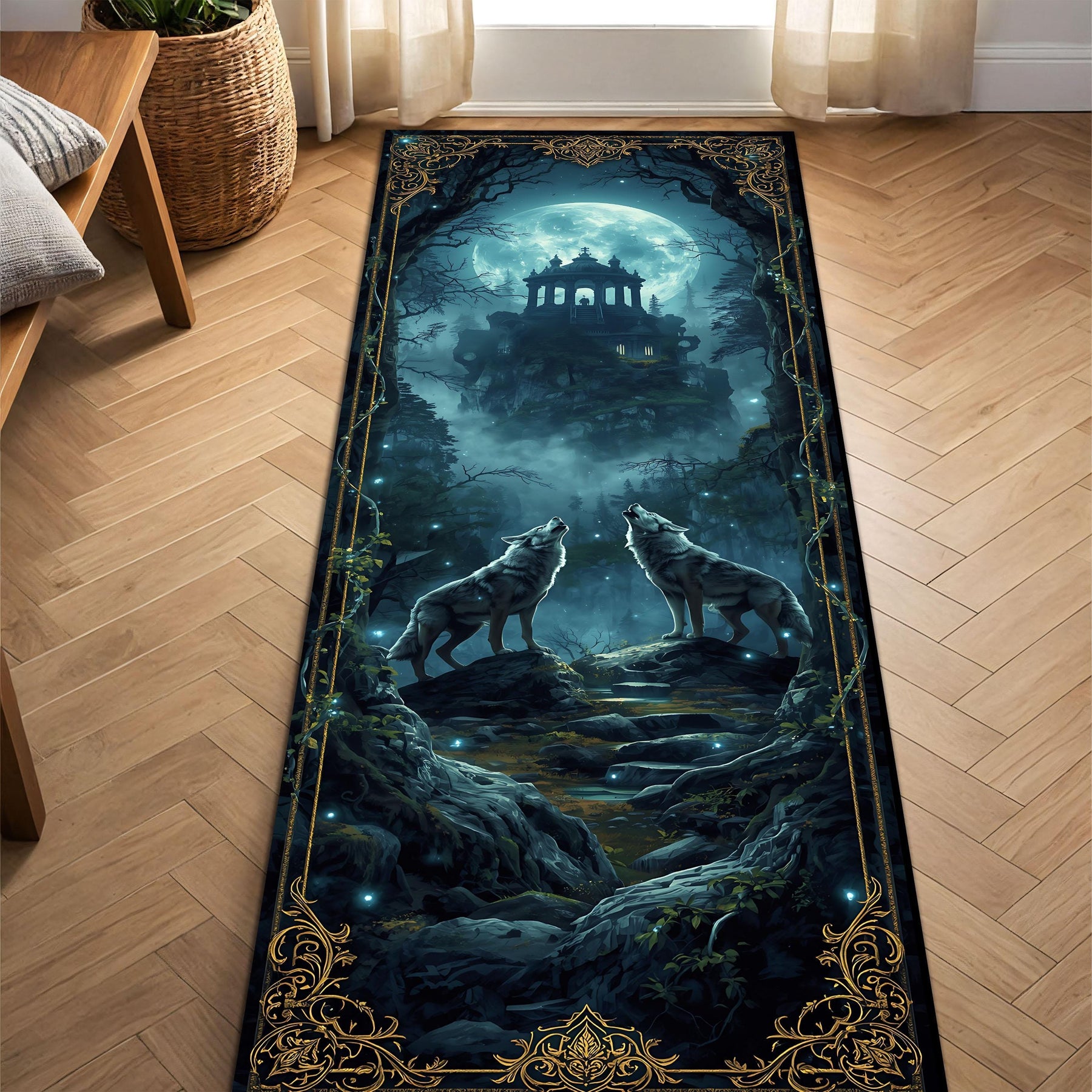 Moonlit Wolf Forest Runner Rug, Mystical Gothic Hallway Carpet with Fantasy Temple Night Art, Moon Area Rug for Entryway and Living Room