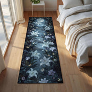 Fairycore Runner Rug with Glowing Lilies Under Moonlight | Mystical Night Garden Carpet | Dark Romantic Hallway Cottagecore Entryway Decor