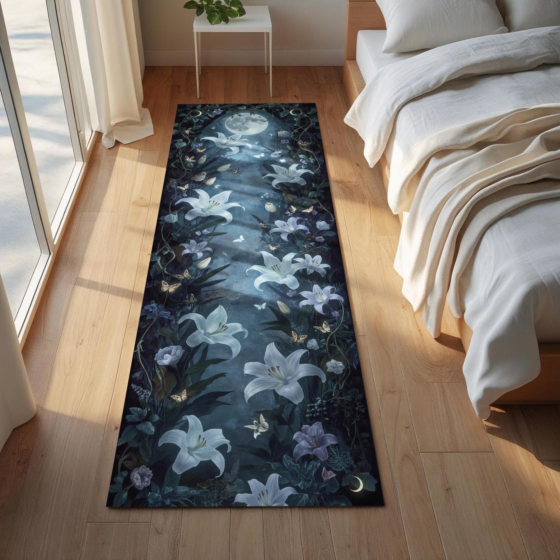 Fairycore Runner Rug with Glowing Lilies Under Moonlight | Mystical Night Garden Carpet | Dark Romantic Hallway Cottagecore Entryway Decor