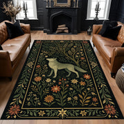 Bohemian Forest Style Wolf Rug, Rustic Dark Botanical Animal Carpet, Mystical Nature Decor Rug, Living Room Statement Piece, Mystical Rug