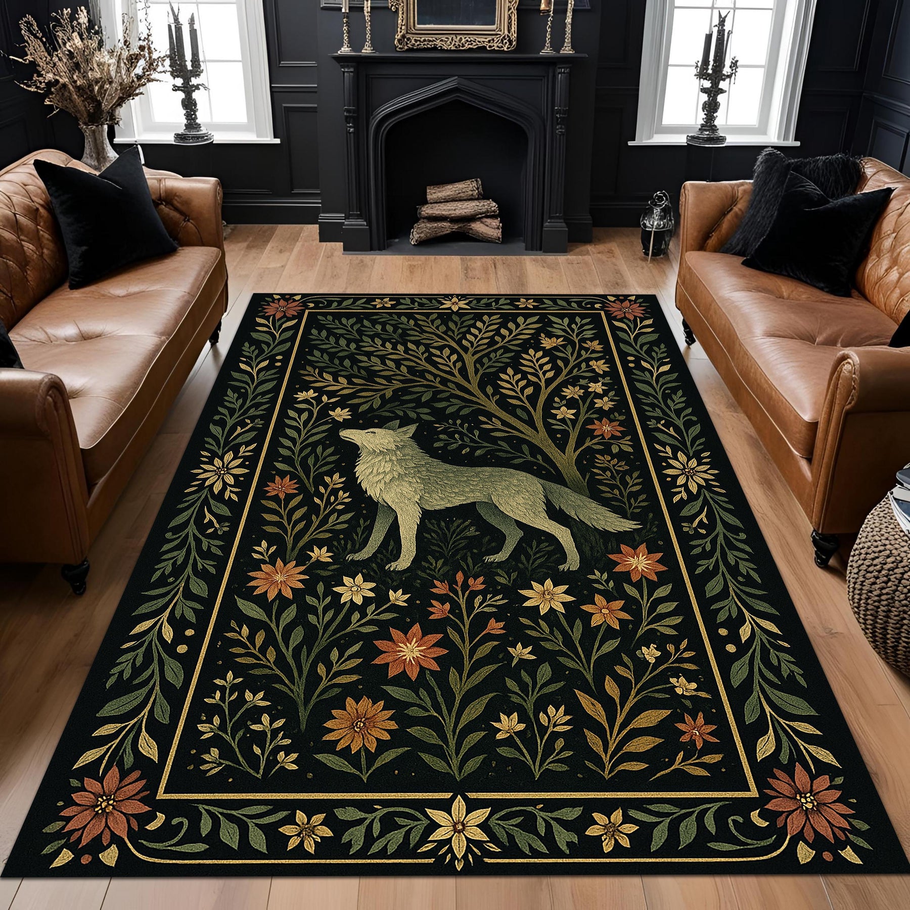 Bohemian Forest Style Wolf Rug, Rustic Dark Botanical Animal Carpet, Mystical Nature Decor Rug, Living Room Statement Piece, Mystical Rug