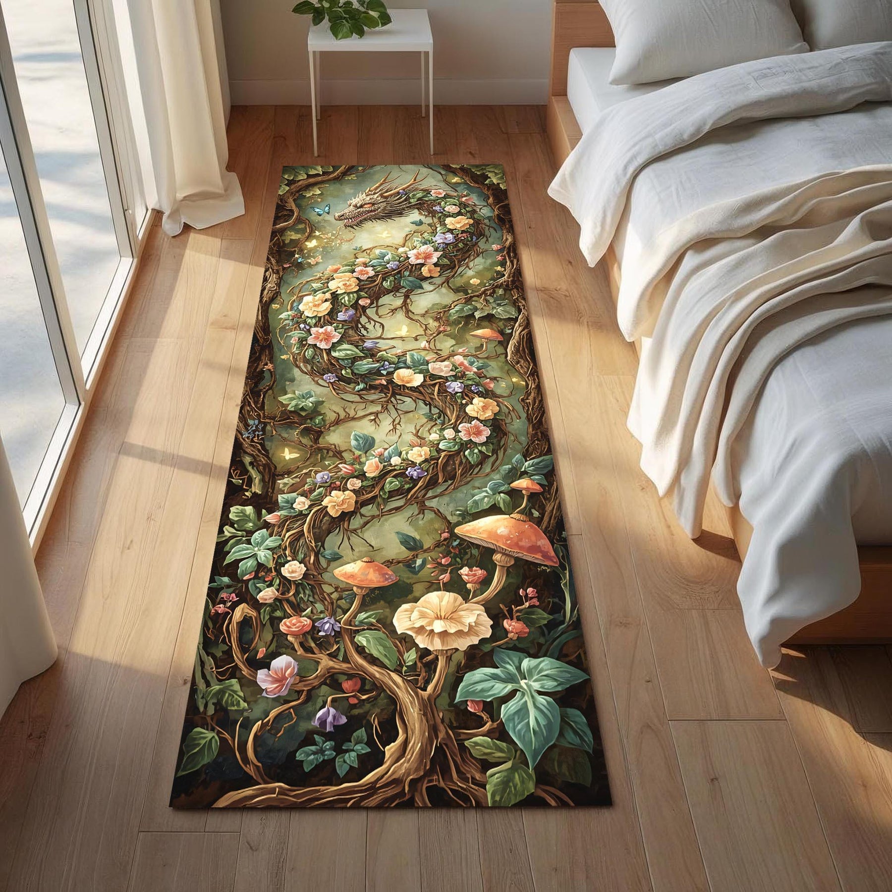 Floral Dragon Runner Rug, Fantasy Nature Carpet with Vines and Mushrooms, Mystical Botanical Hallway Rug for Boho and Fairycore Homes