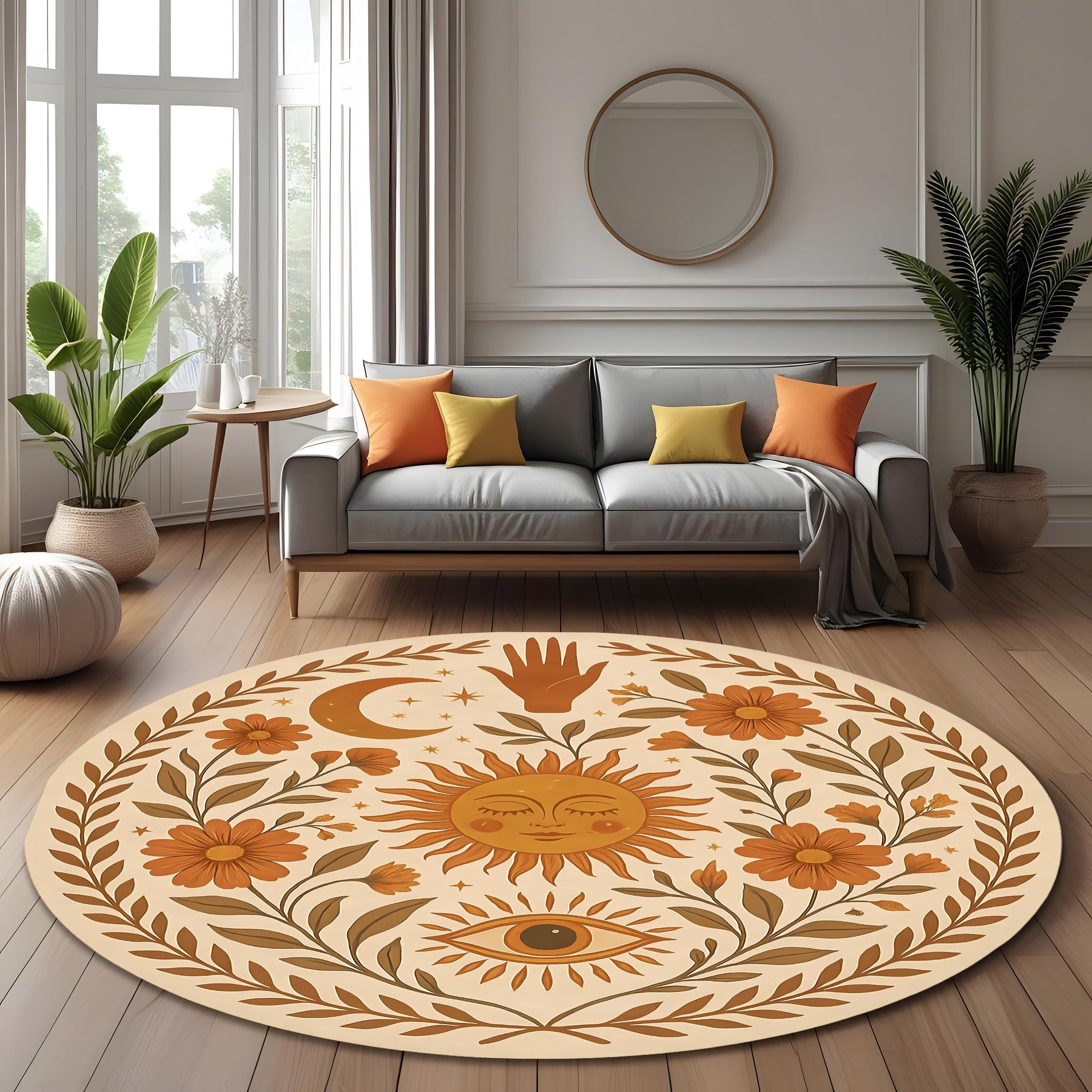 Sun Moon Eye Round Rug: Boho Floral Spiritual Carpet With Mystical Symbols For Cozy And Artistic Room Decor