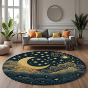 Mystical Celestial Round Rug: Golden Moon and Stars Design for Spiritual Spaces and Bedrooms