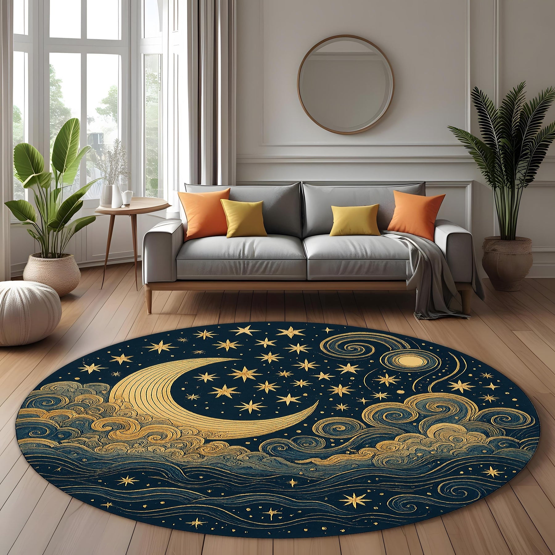 Mystical Celestial Round Rug: Golden Moon and Stars Design for Spiritual Spaces and Bedrooms