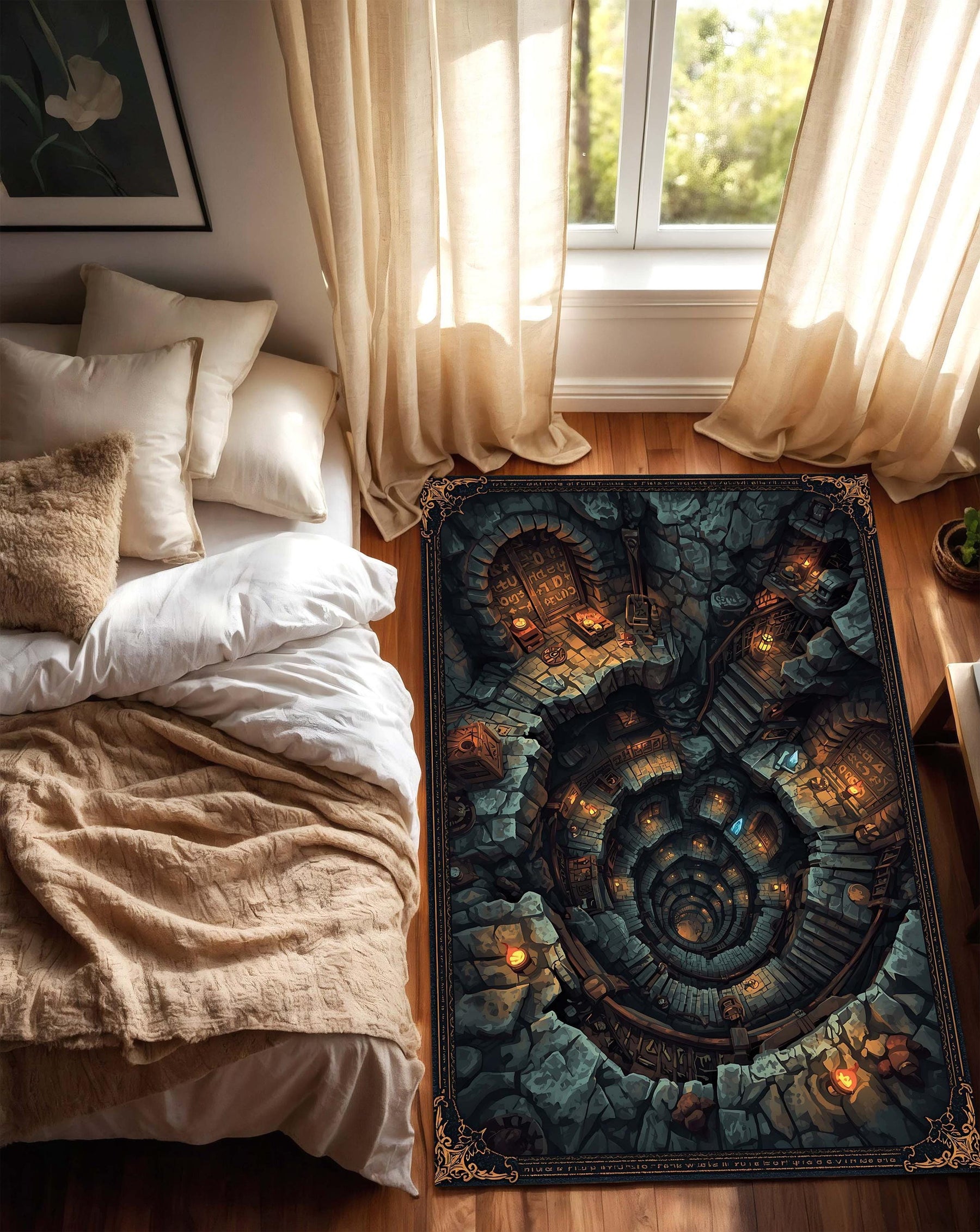 Dwarf Mine Fantasy Rug for Living Room, 3D Illusion Dungeon Carpet for Gamers, Geeky Dwarven Mine Home Decor with Medieval Adventure Style,