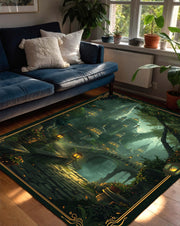 Enchanted Forest Elven City Area Rug, Green Gold Border Fantasy City Carpet, Lantern Path Gothic Art, Cozy Castlecore Living Room Decor