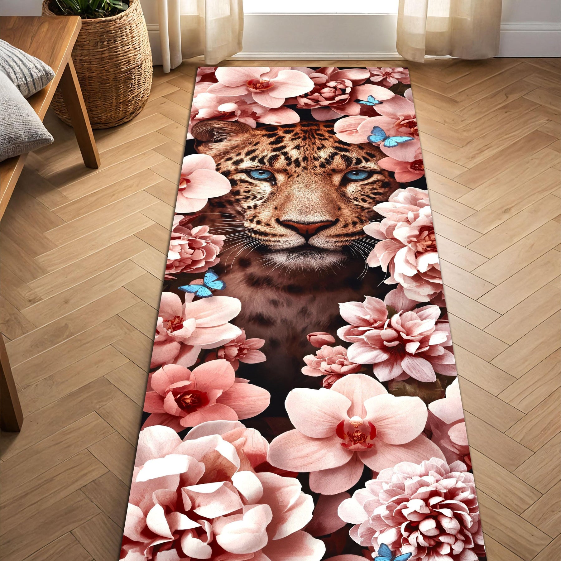 Leopard Floral Runner Rug, Elegant Jungle Cat Hallway Carpet with Pink Flowers and Butterflies, Bold Animal Print Decor for Glam Interiors