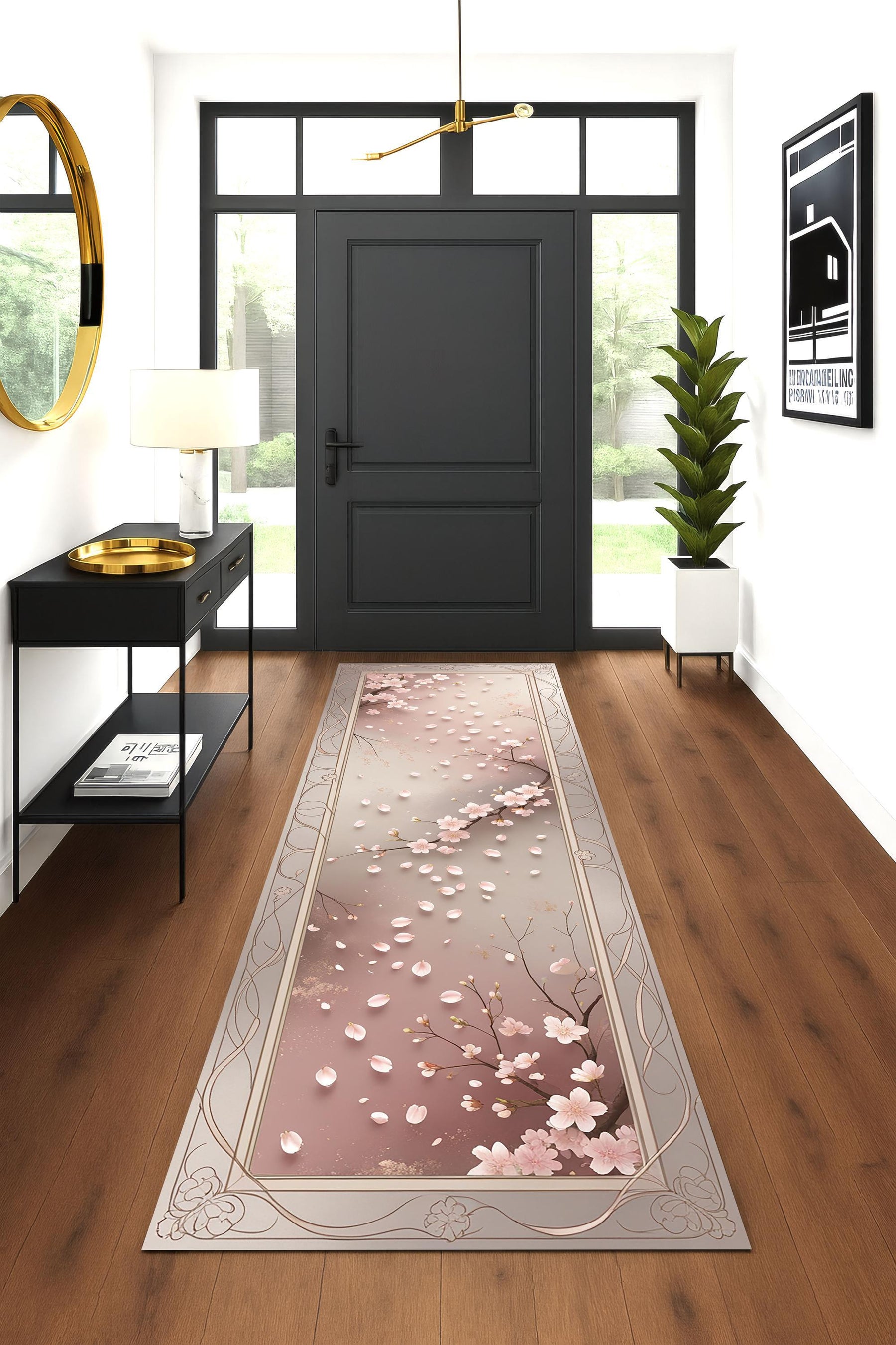 Elegant Sakura Runner Rug, Pastel Cherry Blossom Rug, Spring Hallway Carpet, Japandi Zen Floral Decor, Soft Pink Nature-Inspired Rug