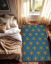 Ancient Egyptian Star Pattern Rug in Blue and Gold Inspired by Dendera Temple Ceiling, Historical Mythology Decor for Living Room