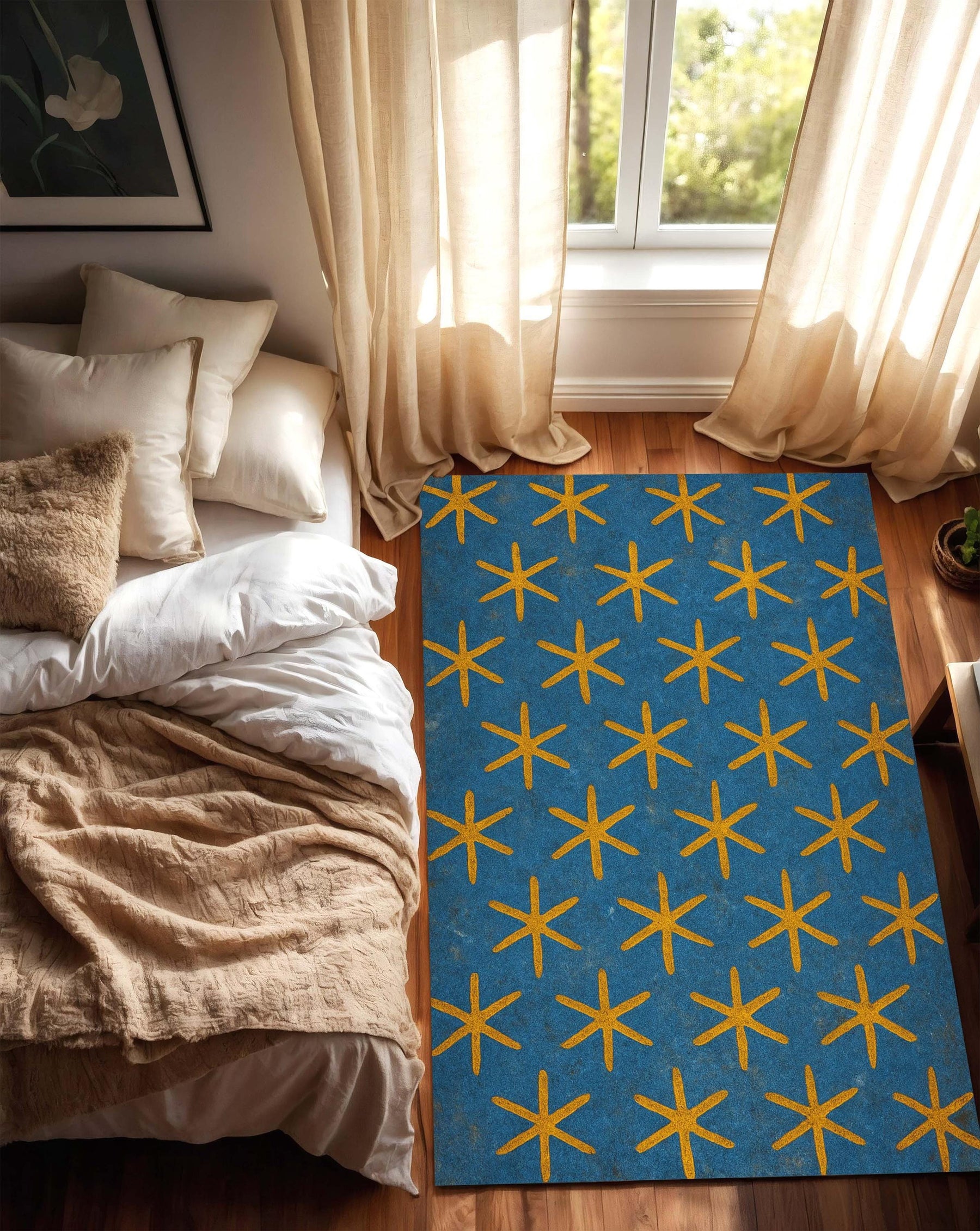 Ancient Egyptian Star Pattern Rug in Blue and Gold Inspired by Dendera Temple Ceiling, Historical Mythology Decor for Living Room